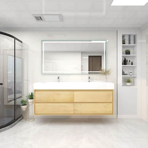 BV Better Vanity Saggie 71 in. W. x 20 in. D x 28 in. H Double Sink Floating Bath Vanity in Oak with White Acrylic Top