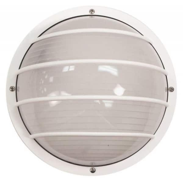 SOLUS Nautical Round White Outdoor Hardwired Bulkhead Sconce with 3000K LED Bulb and Horizontal Diffuser Cage