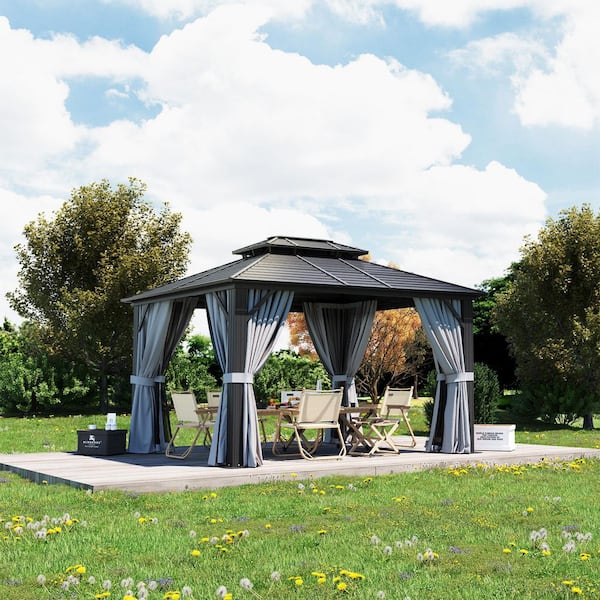 10 ft. x 12 ft. Outdoor Dual-Layer Galvanized Steel Gazebo with Netting and Curtains for Garden, Patio, Lawns