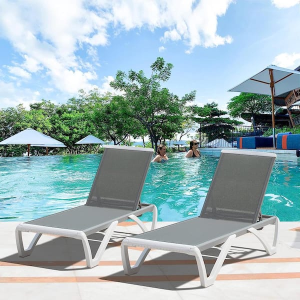 Cesicia Grey Adjustable White Frame 2-Piece Metal Outdoor Chaise Lounge with Plastic Pool