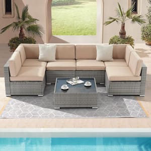 7-Piece Rattan Wicker Patio Conversation Sectional Seating Set with Lake Blue Cushions