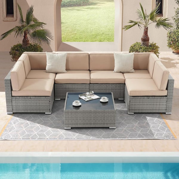 Sonkuki 7-Piece Rattan Wicker Patio Conversation Sectional Seating Set with Lake Blue Cushions