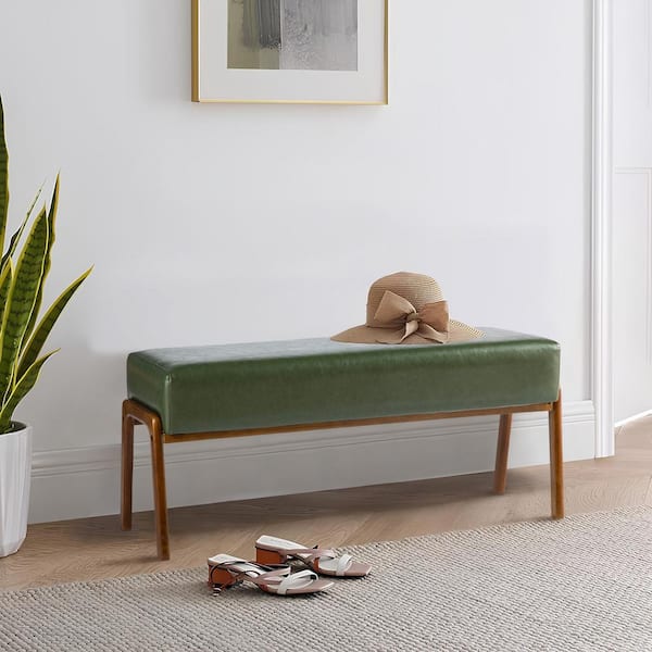 Mid-Century Modern Hunter Green Leatherette Dining Table Bench with Walnut Rubberwood Legs 350 lbs.