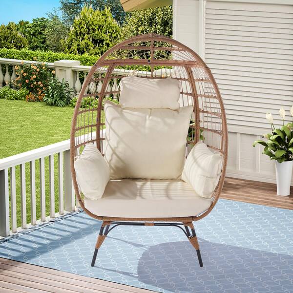 Zeus & Ruta Wicker Outdoor Lounger Chair, Oversized Egg Chair for Patio, Backyard, Living Room with Beige Cushions, Steel Frame