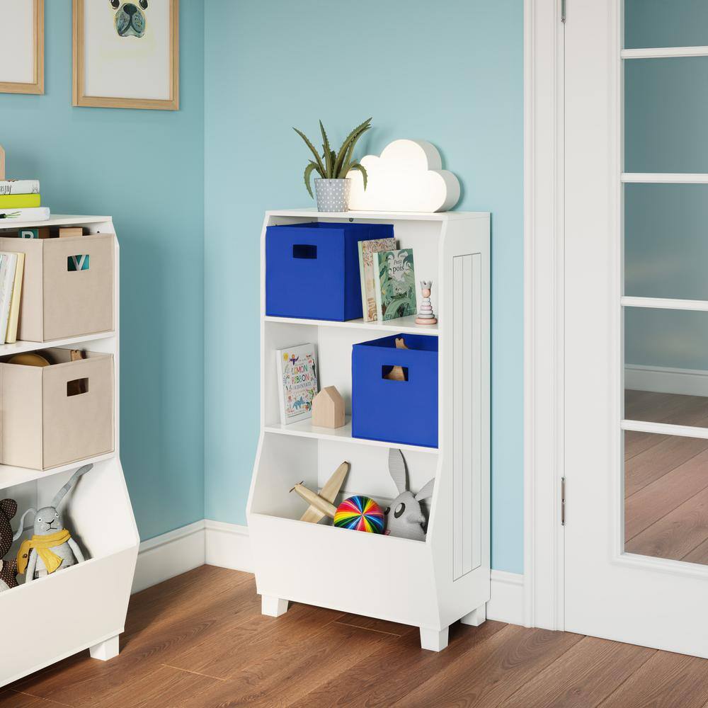 Kids White Bookshelf with Blue Fabric Bins and Veggie Bin