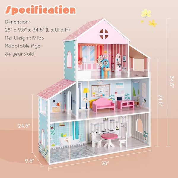 Costway Wooden Dollhouse For Kids 3-Tier Toddler Doll House with