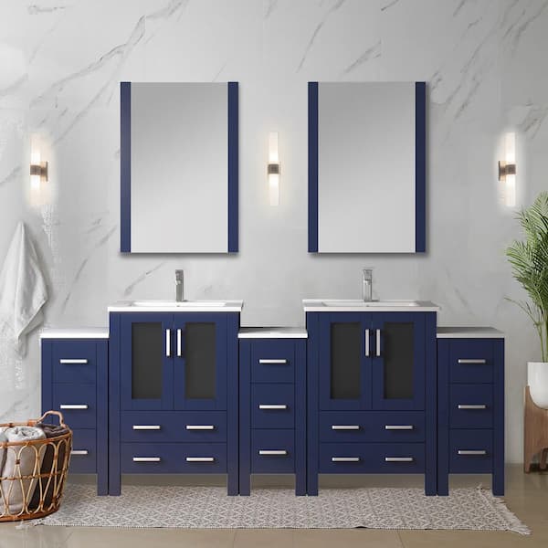 Lexora Volez 84 in. W x 18 in. D x 34 in. H Double Sink Bath Vanity in Navy Blue with White Ceramic Top and Mirror