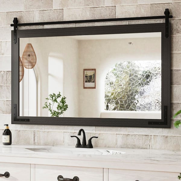45 in. W x 30 in. H Rectangular Barn Door Black Mirrors Wood Framed Mirror Farmhouse Bathroom Vanity Mirror