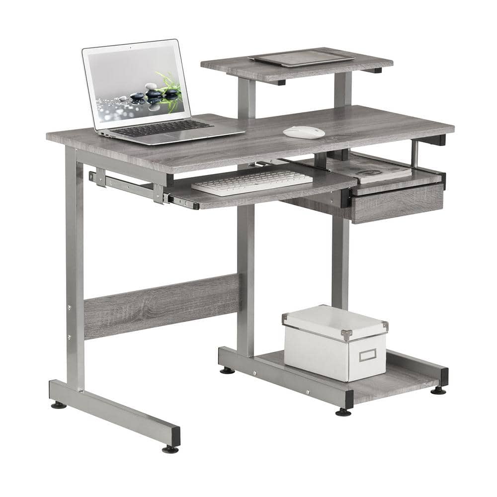 Sleek Gray MDF and Steel Compact Computer Desk with Drawers