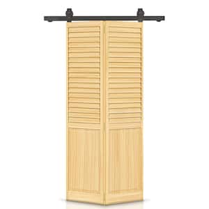 24 in. x 80 in. Half Louver Panel Solid Core Natural Wood Bi-Fold Barn Door with Sliding Hardware Kit
