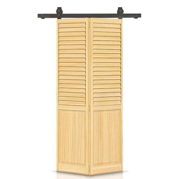 CALHOME 24 in. x 80 in. Half Louver Panel Solid Core Natural Wood Bi-Fold Barn Door with Sliding Hardware Kit