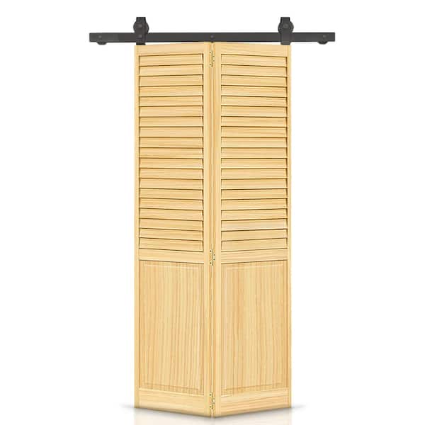 CALHOME 30 in. x 80 in. Half Louver Panel Solid Core Natural Wood Bi-Fold Barn Door with Sliding Hardware Kit