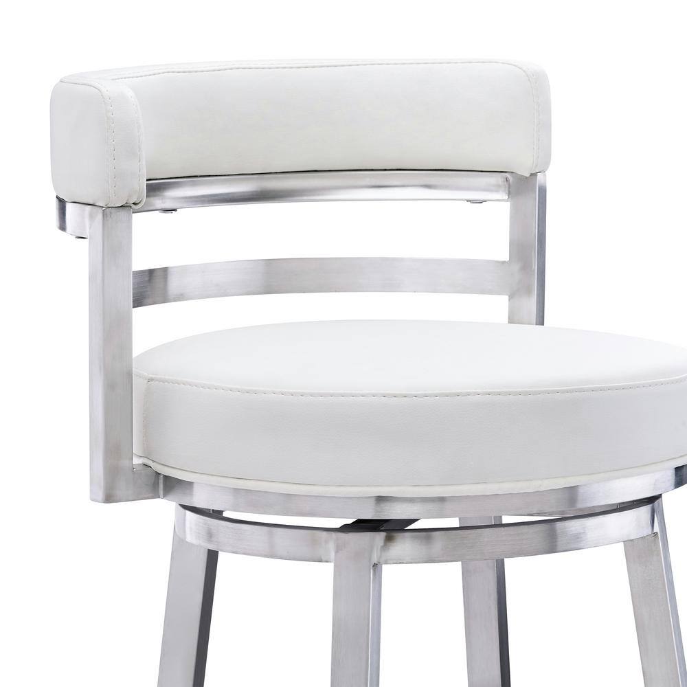 Luxe Swivel 26" White Faux Leather & Brushed Stainless Steel Barstool