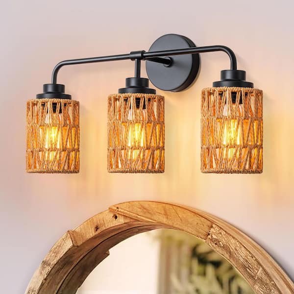 21.5 in. 3-Number of Lights Brown Vanity Light with Hand-Woven Lampshade