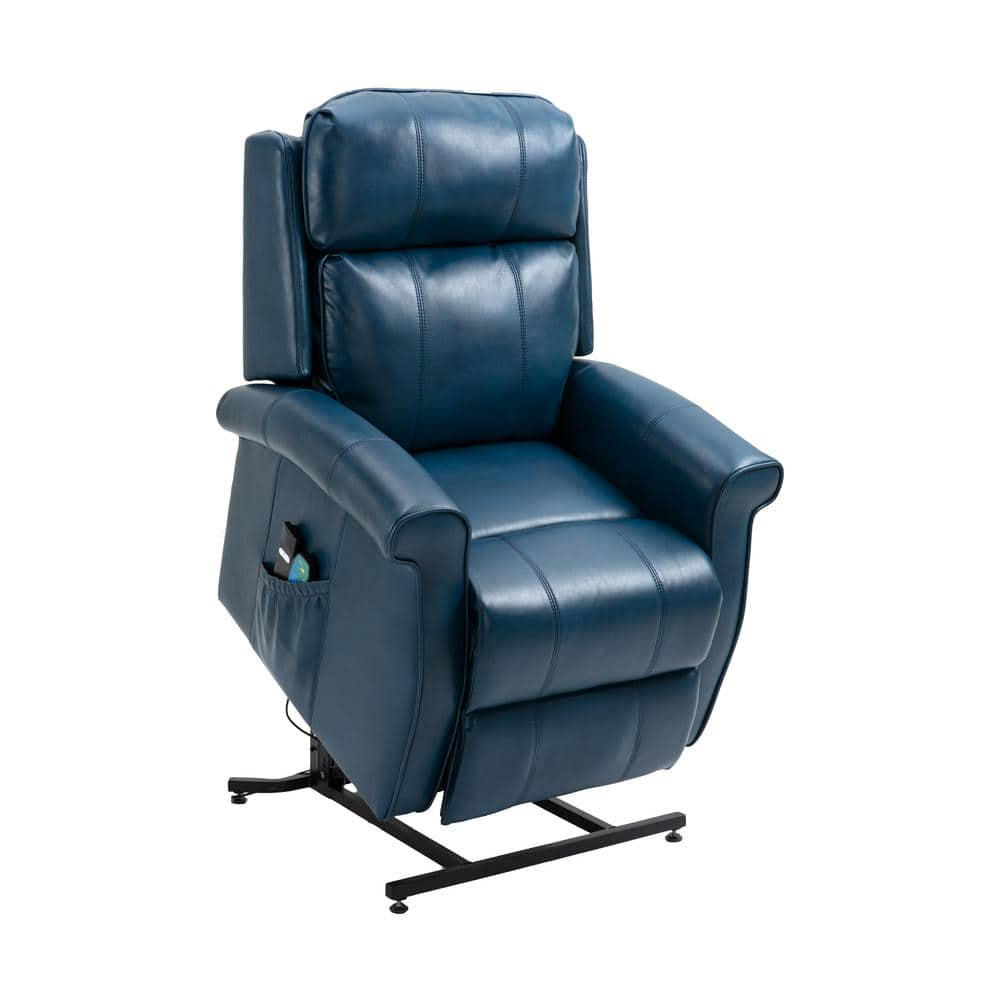 Blue Faux Leather Elderly Power Lift Recliner 8-Point Massage Reclining Chair with Side Pocket and Remote Control -  Boyel Living, QN-8027-BL