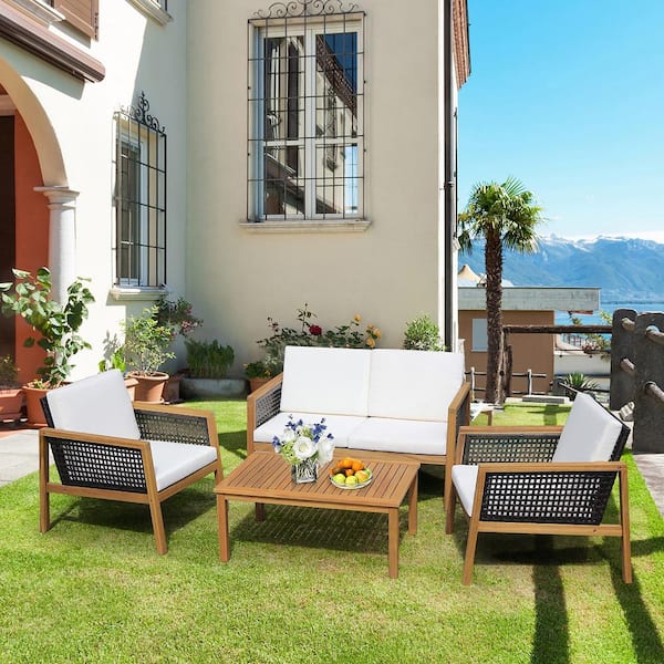 8-Pieces Wicker Patio Conversation Set Acacia Wood Sofa with Off White Cushions