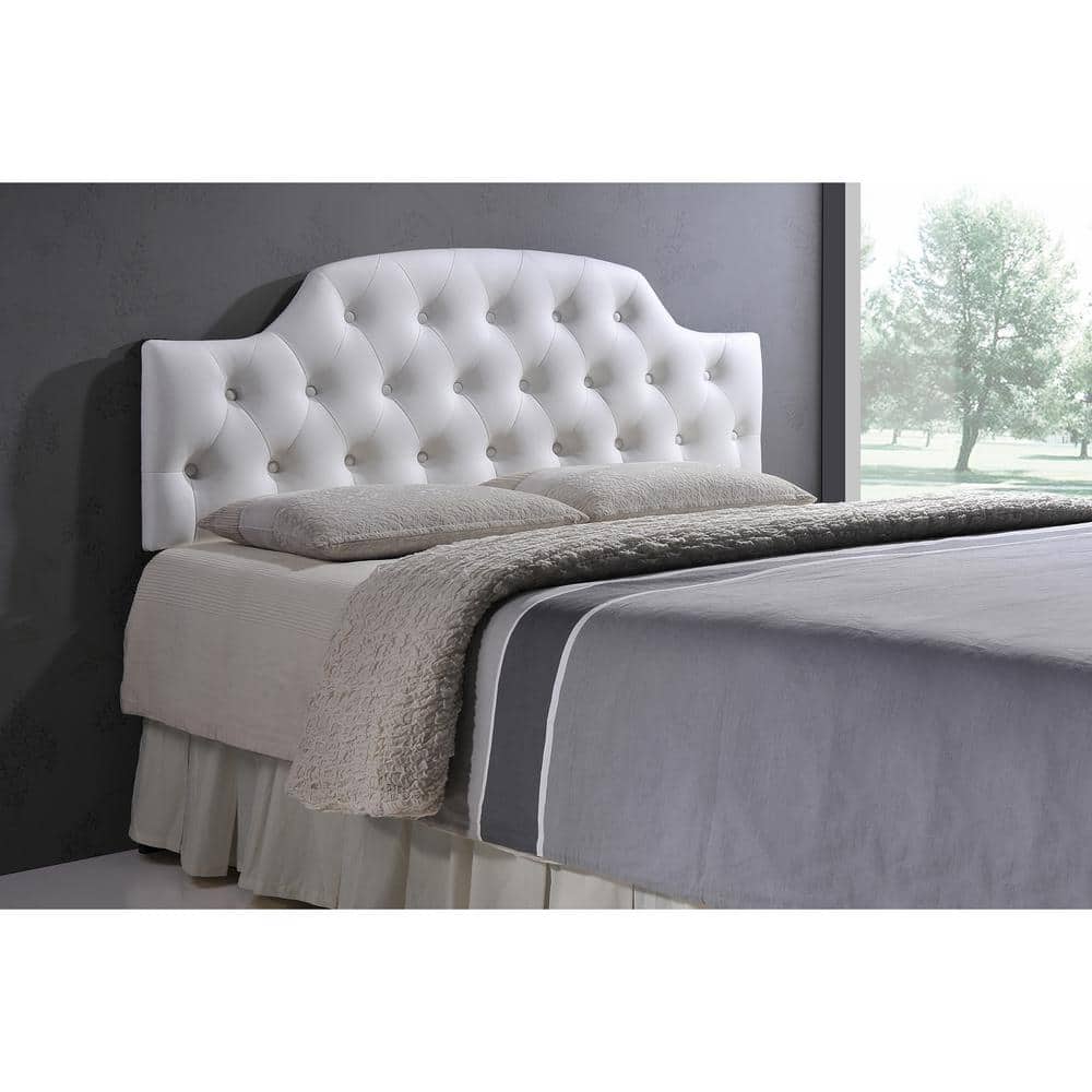 Queen White Faux Leather Tufted Scalloped Headboard