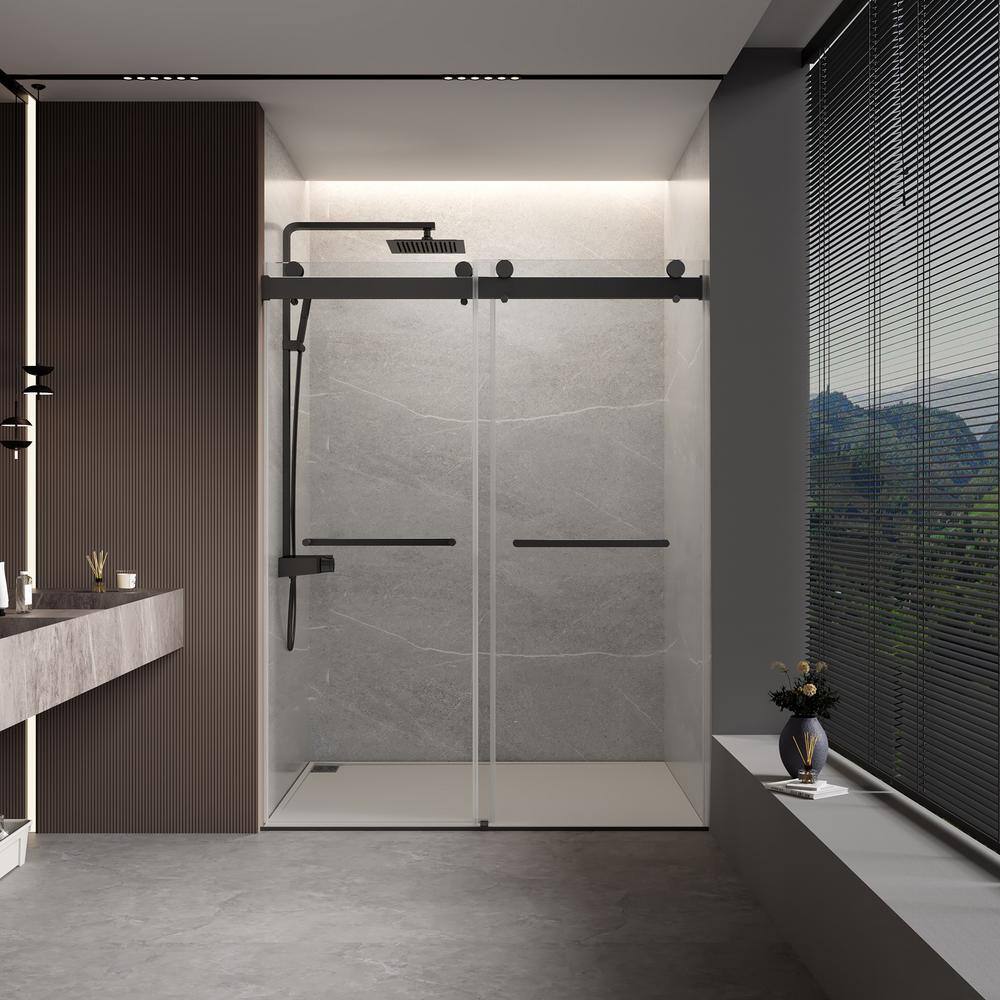 Matte Black Frameless Sliding Shower Door with Clear Tempered Glass