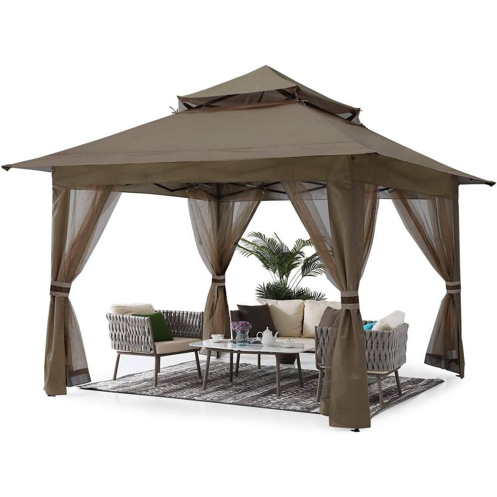 13 ft. x 13 ft. Brown Steel Pop Up Portable Gazebo Outdoor Patio Canopy Dou