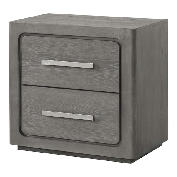 Rally Gray 2-Drawer 27 in. W Nightstand with USB Charging Port, Felt-Lined Top Drawer and Rounded Edges