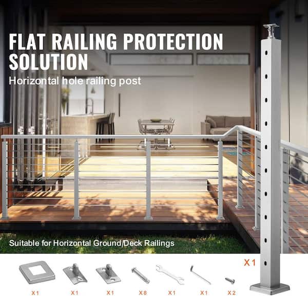 Cable Railing Post, 36 in. L x 2 in. W x 2 in. H Steel Horizontal Hole Deck Railing Post, 10 Pre-Drilled Holes, Rail