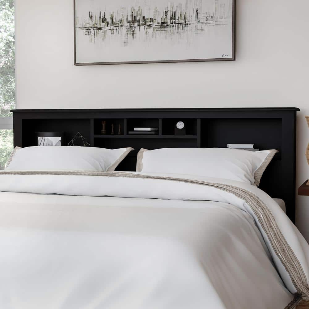 King Black Wood Bookcase Headboard with Storage