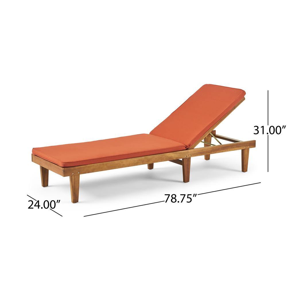 Teak Brown Outdoor Chaise Lounge with Rust Orange Cushions