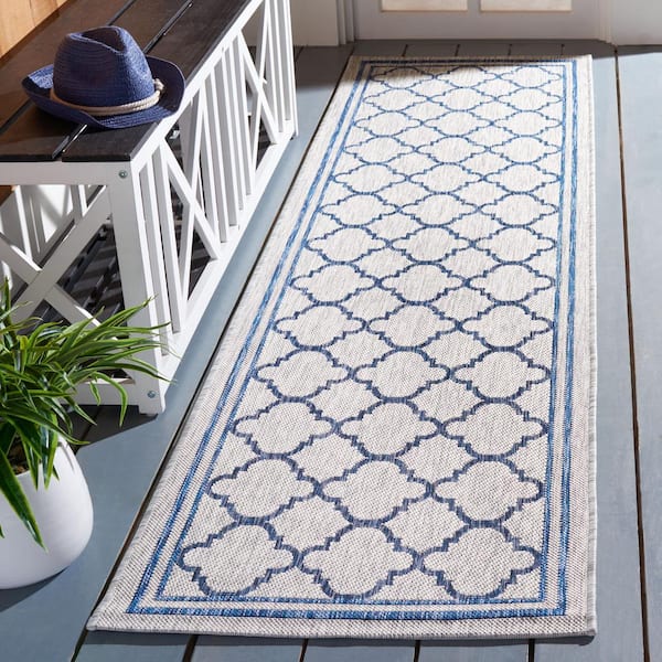 Courtyard Gray/Navy 2 ft. x 8 ft. Border Quatrefoil Indoor/Outdoor Runner Rug