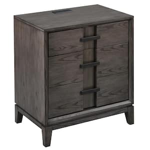 Oak Recessed Top Drawer and Bottom Door Nightstand/Side Table with Top AC/USB Charger