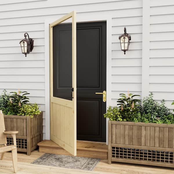 30 in. x 80 in. Rustic Style Universal Paneled Unfinished Pine Wood and Gauze Mesh Hinged Screen Door with Lock