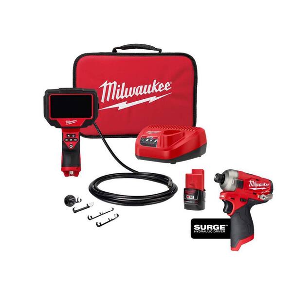 Milwaukee M12 12V Lithium-Ion Cordless 1/4 in. Right Angle Hex Impact Driver w/M12 1400 Lumen ROCKET LED Stand Work Light