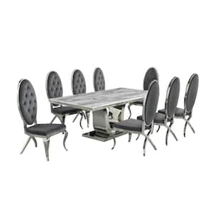 Ada 9-Piece Rectangular White Marble Top with Stainless Steel Base Table Set with 8-Dark Grey Velvet Chairs, Crystals