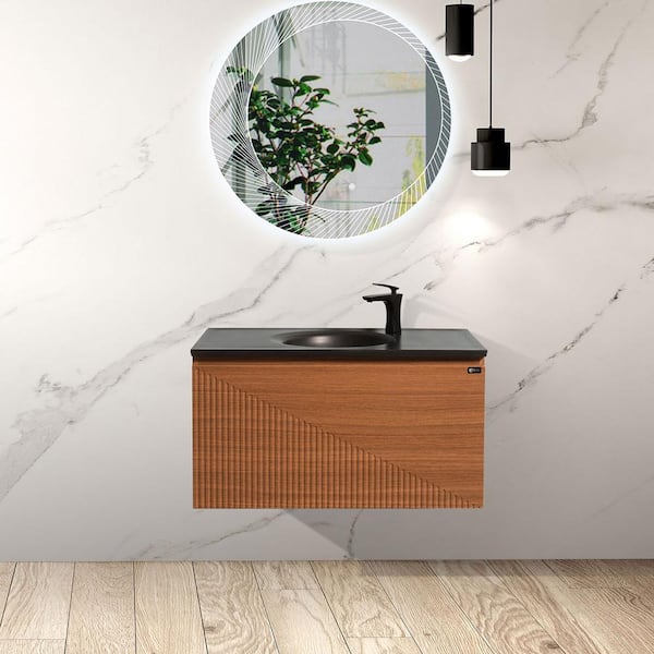 Opvande Simon 30 in. W x 21 in. D x 19 in. H Floating Bathroom Vanity with Black Quartz Sand Top in Natural Oak Assembled