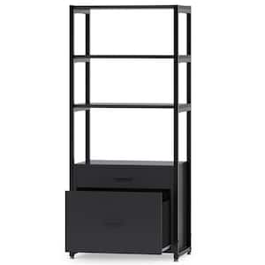 Earlimart 60 in. Black Engineered Wood and Metal 4 Shelf Etagere Bookcase with 2 Drawers