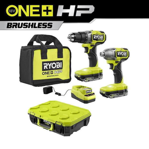 RYOBI ONE+ HP 18V Brushless Cordless Drill/Driver & Impact Driver Kit w/Batteries, Charger, and Bag w/LINK Standard Tool Box