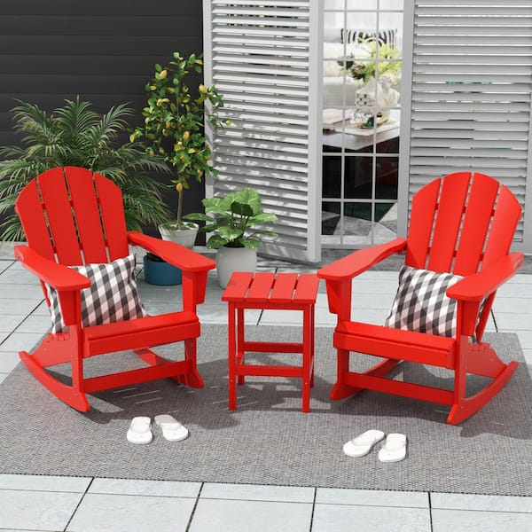 Laguna 3-Piece Fade Resistant Outdoor Patio HDPE Poly Plastic Adirondack Rocking Chairs and Side Table Set, Red