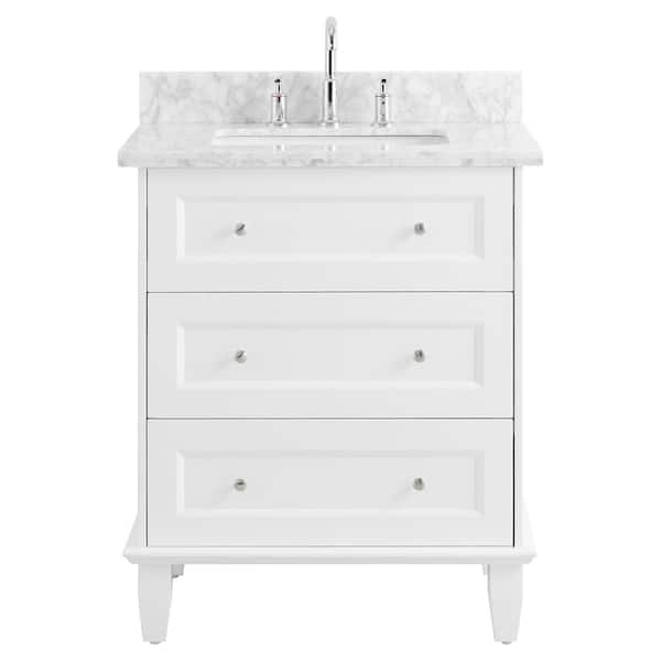 CHAMELEON CONCEPTS Lenore 30 in. W x 21 in. D x 34 in. H Single Sink Bath Vanity in White with Carrara Marble Top and Ceramic Basin