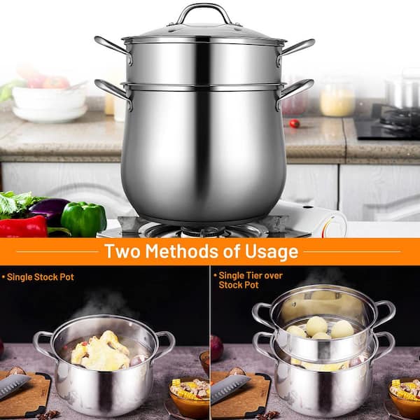 ZENFUN Steamer for Cooking, Steamer Pot with Steamer Insert, 2 Tier Stack  and Steam Pot Set with Glass Lid, Stainless Steel Steamer Pot Double  Handle