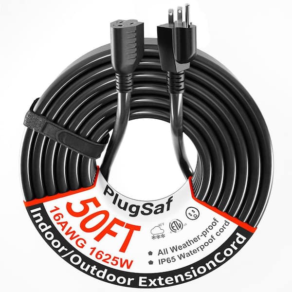 50 ft. 16/3-Gauge Outdoor Extension Cord, Heavy Duty SJTW, 13 Amp 1625 Watt, Black, Waterproof, Cold Weatherproof -58°F