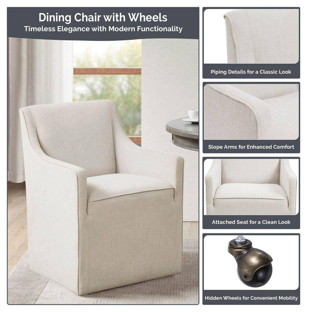 Cream Upholstered High Back Dining Arm Chair with Casters
