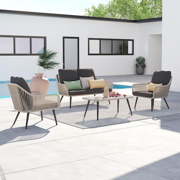 JARDINA Hallerbos 4-Piece Wicker Patio Conversation Setwith Coffee Table