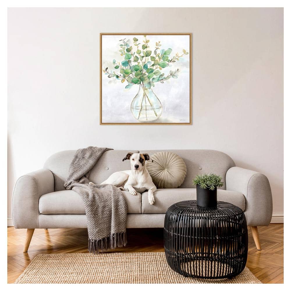 Eucalyptus Vase II Green and Brown Canvas Wall Art with Maple Frame