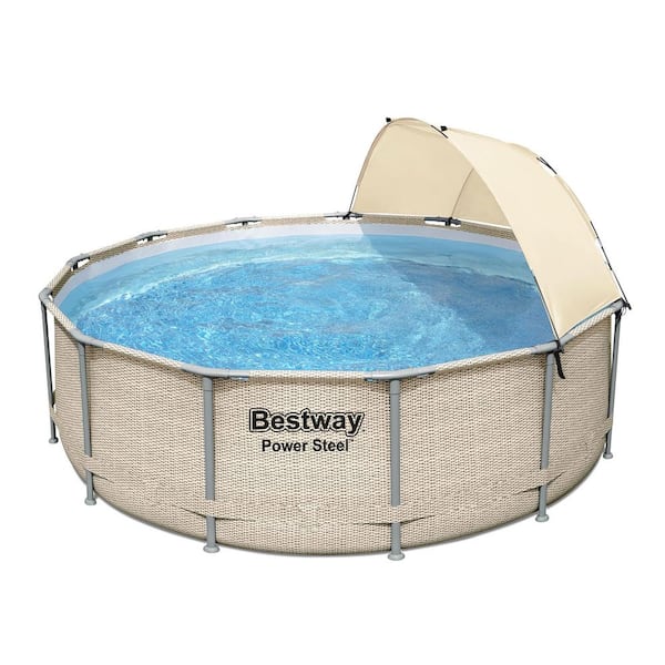 Bestway 13 ft. x 13 ft. Round 42 in. Deep Metal Frame Above Ground Outdoor Swimming Pool Set with Canopy