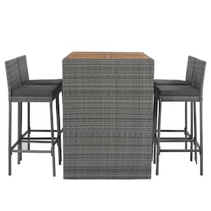 5-Piece Brown Acacia Wood PE Rattan Gray Wicker Outdoor Dining Set with Gray Cushions, Dining Table, Foldable Tabletop
