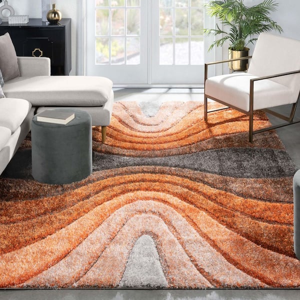San Francisco Luz Modern Geometric Shag Hand-Carved, Grey Orange 7 ft. 10 in. x 9 ft. 10 in., Area Rug