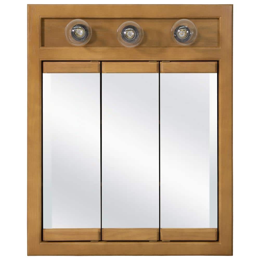 Nutmeg Oak Tri-View 24" Lighted Medicine Cabinet with Mirrored Doors