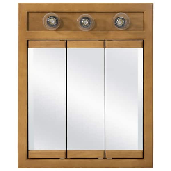 Richland 24 in. W x 30 in. H x 5 in. D Framed 3-Light Tri-View Surface-Mount Bathroom Medicine Cabinet in Nutmeg Oak Richland 24 in. W x 30 in. H x 5 in. D Framed 3-Light Tri-View Surface-Mount Bathroom Medicine Cabinet in Nutmeg Oak