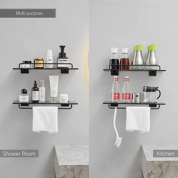 Aoibox 2 Pcs 4.88 in. W x 8.7 in. H x 15.74 in. D Glass Rectangular Bath Shower Shelf in Silver, 1 of Them with Towel Holder