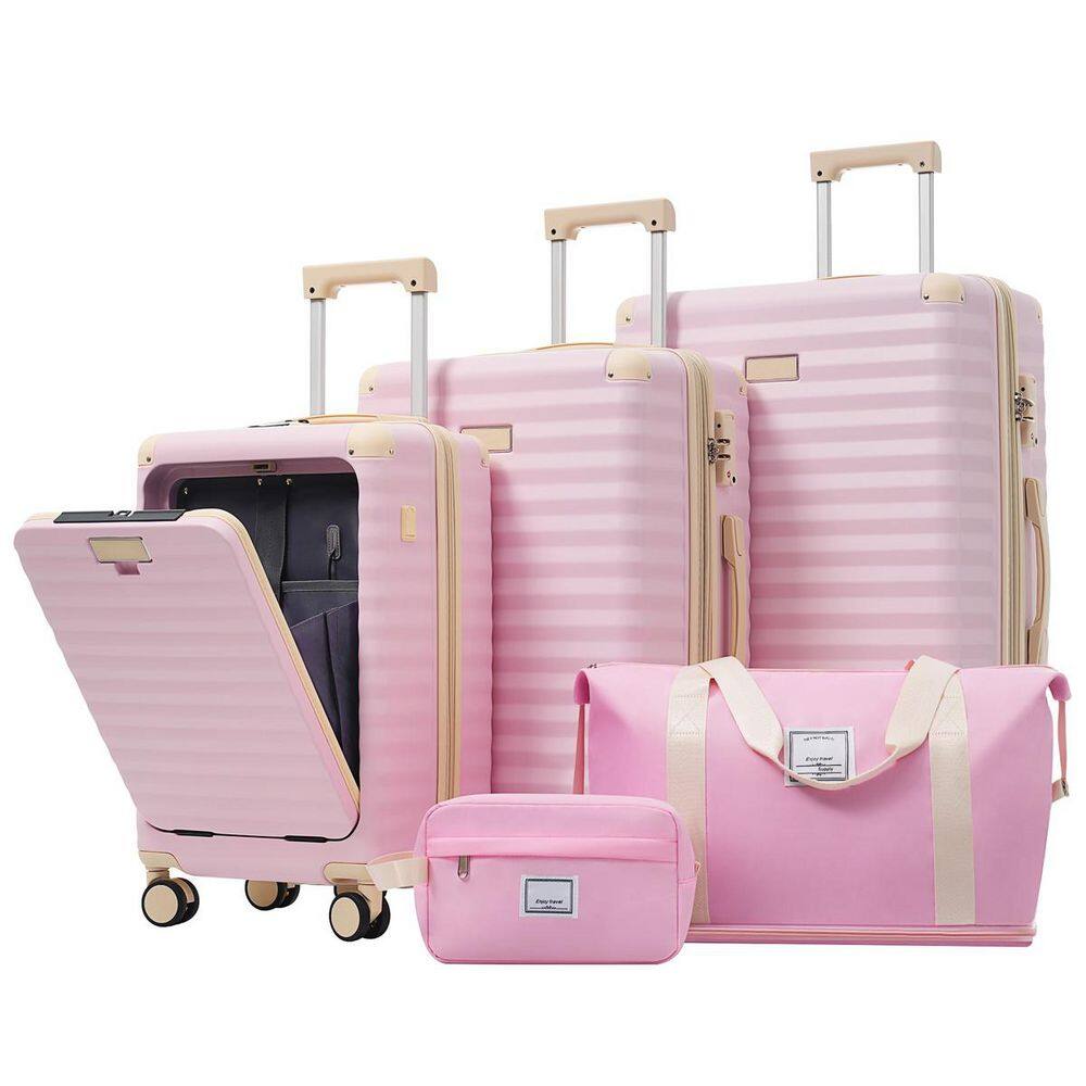 5-Piece Pink ABS Plastic Hardside Expandable Spinner Luggage Set with USB Port, TSA Lock, Front Opening, Cup Holder