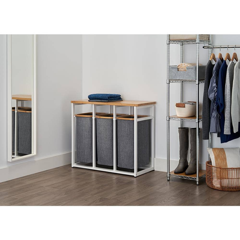 White Bamboo and Gray Polyester Collapsible Laundry Sorter